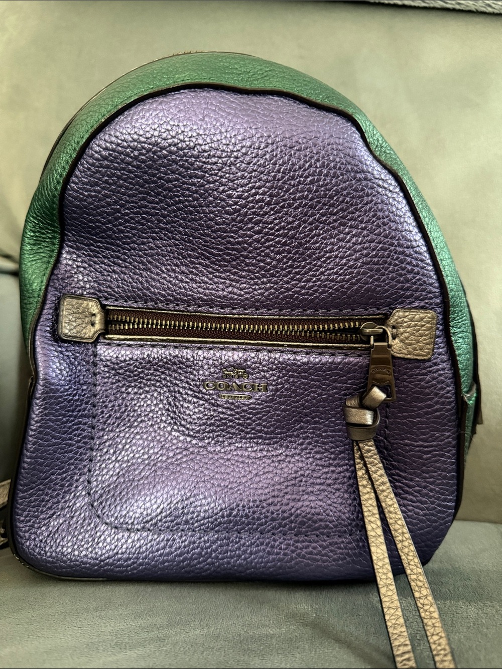 Coach Pebbled Leather Mini Backpack in Purple and Green